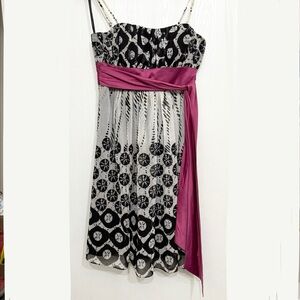 Max & Cleo Black and White Printed Midi Dress with Magenta Sash